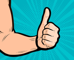 Thumb up hand gesture. Retro comic pop art vector illustration