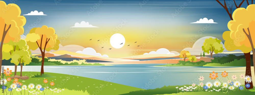 Panorama landscape of spring village with green meadow on hills with blue and orange sky, Vector Summer or Spring landscape, Panoramic countryside by the lake with sunset in evening. - obrazy, fototapety, plakaty 