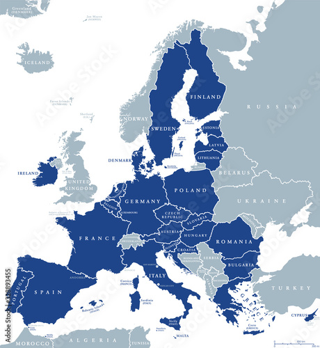 Obraz Dibond Mapa państw członkowskich Unii Europejskiej po Brexicie, angielskie oznakowanie. 27 państw członkowskich UE po wyjeździe Wielkiej Brytanii. Specjalne terytoria państw członkowskich nie są uwzględnione na mapie. Ilustracja. Wektor.