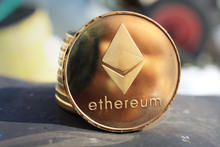 Stack Of Ether Or Ethereum Coins. ETH Coin.New Virtual Money.Physical Coins. Cryptocurrency Mining And Trading Concept.