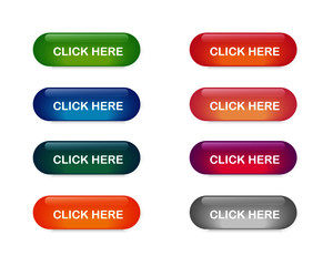Wall Mural - click here colorful button set. icons web isolated on white background. vector illustration.