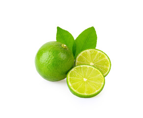 Wall Mural - Fresh lime with leaf on white background