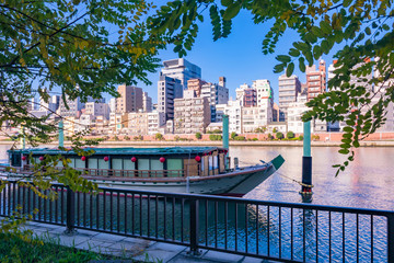 Wall Mural - Japan. Tokyo on a sunny day. Tourist ferry is moored near the shore. Tokyo Bay. A ship on the background of urban buildings. Tourist ship in Japan. Excursions by boat on the rivers of Japan.