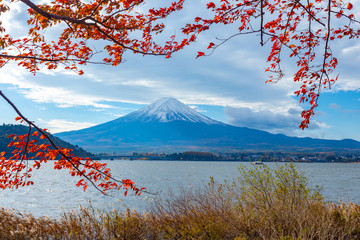 Wall Mural - Japan. Lake Kawaguchiko on the background of Fuji. Mount Fuji with snow on top. Fujiyama volcano landscape. Matins landscape . Fuji volcano on the background of clouds. Japan park lake Kawaguchiko.