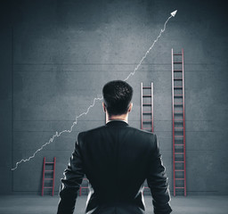 Poster - European businessman looking on white arrow and ladders