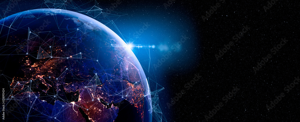 Communication technology for internet business. Global world network and telecommunication on earth and IoT. Elements of this image furnished by NASA - obrazy, fototapety, plakaty 