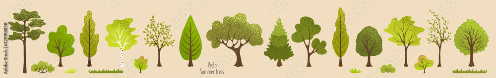 Summer trees, bush, grass. Set of green plants. Elements for vector flat design. Landscape. Nature - obrazy, fototapety, plakaty 