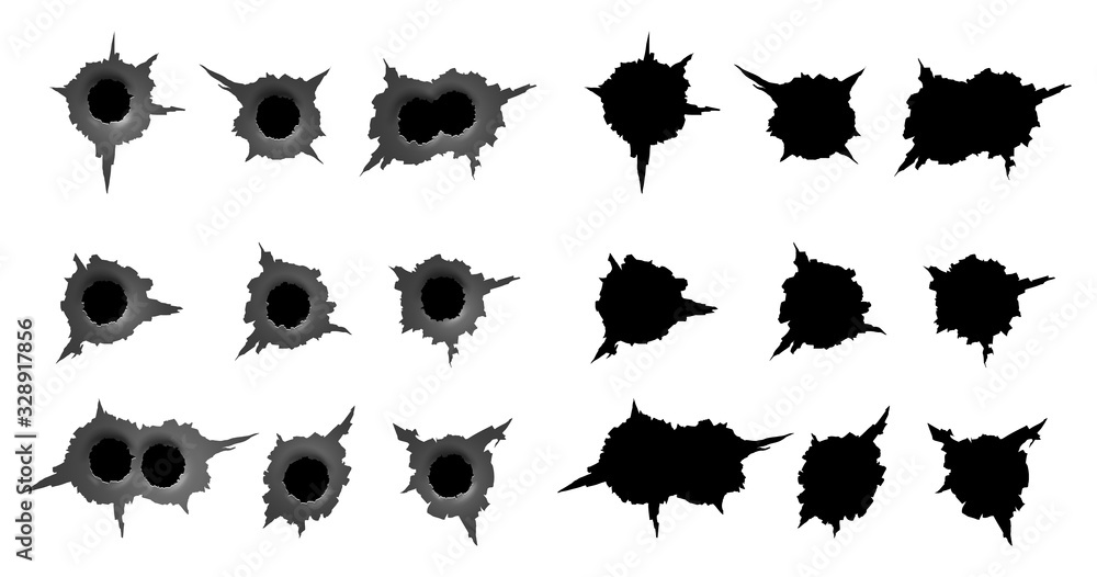 set of bullet holes. different damaged element from bullet on metallic surface. vector illustration - obrazy, fototapety, plakaty 
