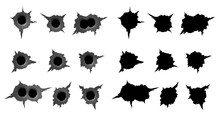 Set Of Bullet Holes. Different Damaged Element From Bullet On Metallic Surface. Vector Illustration
