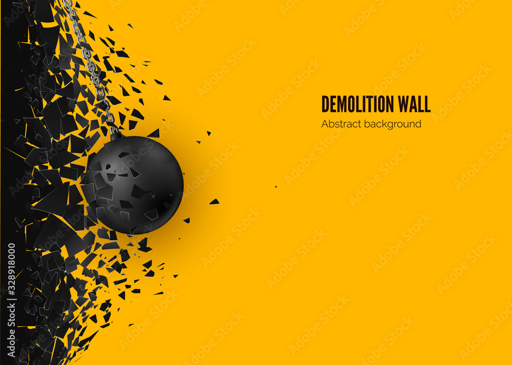 Destruction effect. Abstract cloud of pieces and fragments after wall demolition by wrecking ball. Vector - obrazy, fototapety, plakaty 