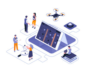 Poster - Business scheduling isometric landing page vector template. Effective time management website homepage UI illustration layout. Workflow productivity optimization webpage isometry concept