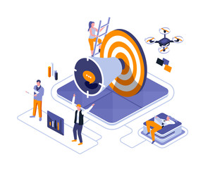 Poster - Business promotion isometric landing page vector template. Professional marketing service website homepage UI illustration layout. Corporate identity development web banner isometry concept