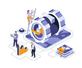 Poster - Business mechanism isometric landing page vector template. Workflow management, development website homepage UI illustration layout. Technical support, maintenance web banner isometry concept