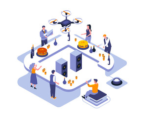 Poster - Corporate leisure isometric landing page vector template. Business staff recreation website homepage interface illustration layout. Informal colleagues communication web banner isometry concept