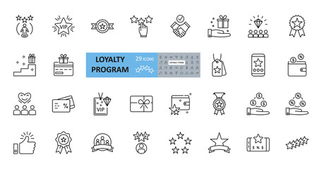Loyalty program icons. 29 vector images in a set with editable stroke. Includes membership, reviews and likes, stars, loyalty card, percentage of discounts, gifts, diamonds, VIP status.