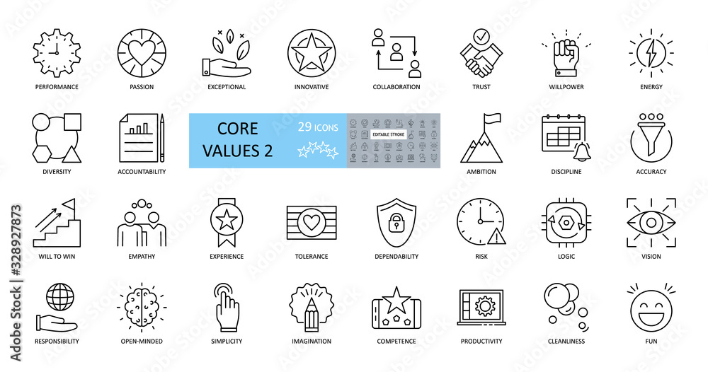 Set of icons core values. 29 vector images with editable stroke. Includes such qualities as performance, passion, diversity, exceptional, innovative, accountability, will to win, empathy, open-minded - obrazy, fototapety, plakaty 