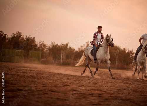 Cuadros en Lienzo Man on galloping horse at sunset.
