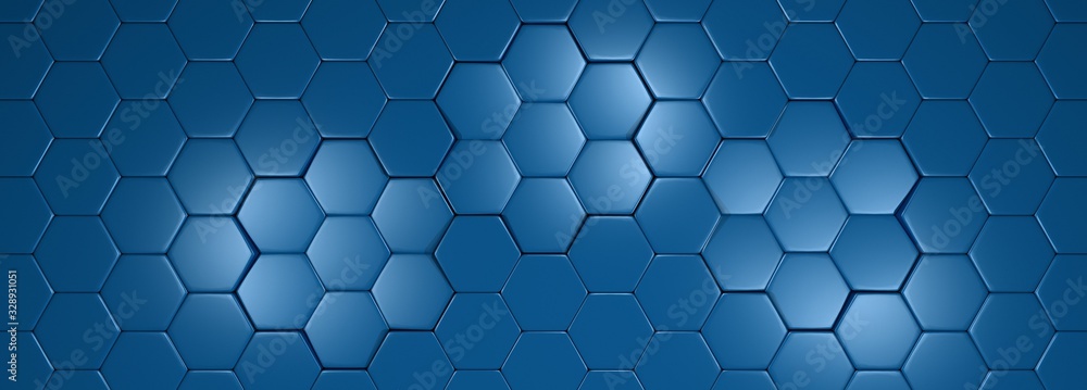 szerokie tło geometryczne niebieskie metaliczny hexagon z refleksami światła. Ilustracja 3D - obrazy, fototapety, plakaty 