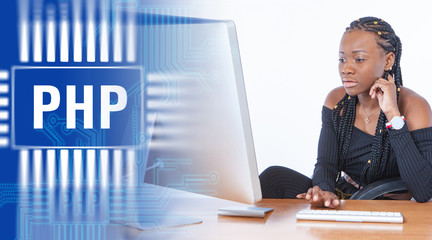 PHP logo. Girl works as a WEB developer. The girl in the office. Female programmer during robots. Creation of sites using php. Programming languages. Programmer in a web studio. Personal home page.