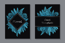 Set Of Modern Luxury Wedding Invitation Design Or Card Templates For Business Or Presentation Or Greeting With Silver Text And Blue Fern Leaves On A Black Background.