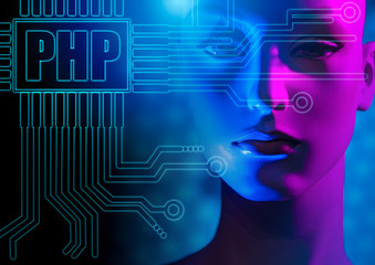 personal home page. php logo on the background of the computer board. mannequin next to the programm