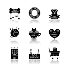 Sticker - Pet friendly emblems drop shadow black glyph icons set. Four-legged friends allowed territories, kitty and doggy permitted, welcome public places. Isolated vector illustrations on white space