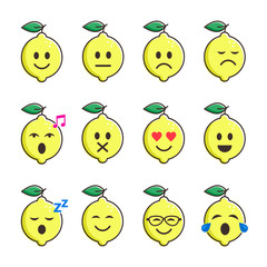 Wall Mural - Lemon smile emoticon cartoon set character. Different moods lemon Fruits vector color collection