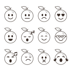 Wall Mural - Orange fruit smiles set, emoticon with different moods. Vector cartoon line illustration