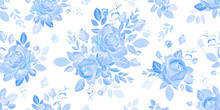 Floral Monochrome Seamless Pattern With Blue Flowers Rose And Leaves. Hand Drawn. For Design Textile, Wallpapers, Wrapping Paper, Prints. Vector Stock Illustration.