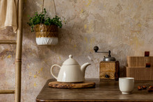Stylish Vintage Kitchen Interior With Tea Pot, Cup Of Coffee, Plant, Wooden Ladder And Kitchen Accessories. Minimalistic Concept Of Kitchen Space. Wabi Sabi. Retro Home Decor. Template. 