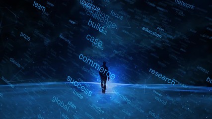 Businessman virtual walk in digital cryptocurrency network. Dark, shiny, business background with words cloud in floating motion. 