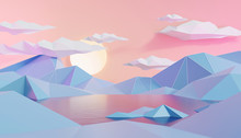 Mountain And Lake Landscape In Low Polygon Style Background, 3D Render.
