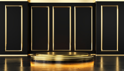Luxury Gold Template Background and metallic Podium Standing for Products Advertising and Commercial, 3D rendering.
