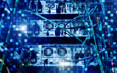 Wall Mural - digital matrix binary code mainframe server room computing communication concept.