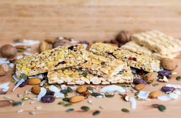 Healthy Cereal Granola Bar with Nuts. Dessert snacks 