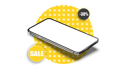 Fototapete - Modern color and geometric pattern. Sale banner design template on the background of the mobile phone. Mobile clearance sale discount poster. Yellow tag template  special offers for purchase. Vector