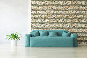 Wall Mural - Stylish Interior Room with Sofa and Plants near the Brick Wall.