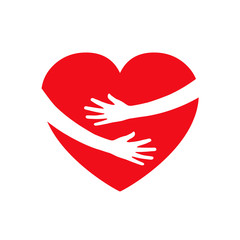 Hugging heart, charity icon, hands holding heart, arm embrace love yourself, organization of volunteers, family community – vector