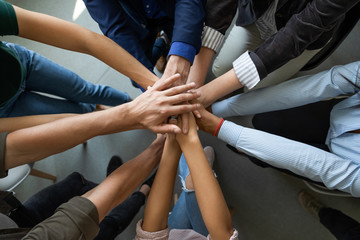 Wall Mural - Close up top view of diverse businesspeople stack hands motivated for shared business success at briefing, multiracial colleagues engaged in teambuilding activity show unity support at office meeting