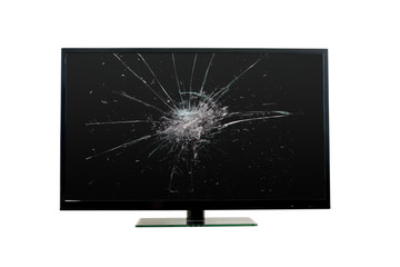 Flat led TV monitor with broken screen glass on white, clipping paths included