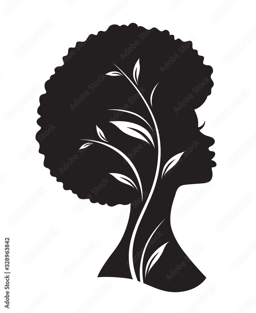Vector illustration of black African American woman with afro hairstyle. - obrazy, fototapety, plakaty 
