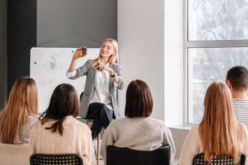 Professional hairdresser teaching young people in office