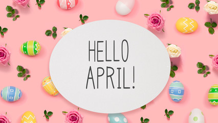 Sticker - Hello April message with Easter eggs on a pink background