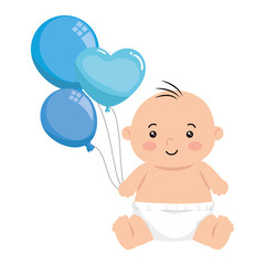 Poster - cute little baby boy with balloons helium isolated icon vector illustration design