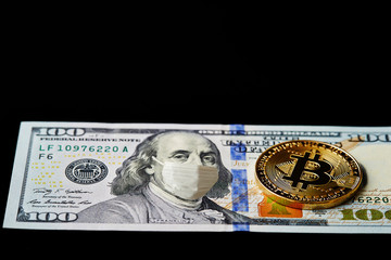 Bitcoin and US banknote wearing face mask