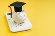 © Nuthawut - Student loan payment calculation, scholarship or saving for school and education concept, white piggy bank wearing graduation hat on calculator on yellow background with copy space