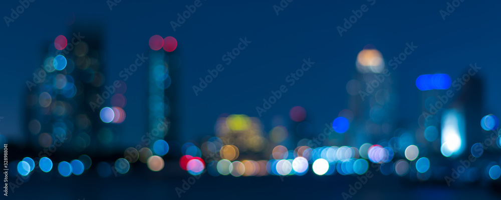 Banner cover of blurred bokeh cityscape at twilight time, city background, aerial view angle from rooftop ob building, defocused city in downtown,graphic design for web online or book horizontal cover - obrazy, fototapety, plakaty 