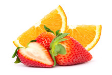 Pile Of Fresh Organic Orange Fruit With Slice And Red Ripe Strawberry Berry Isolated On White Background.