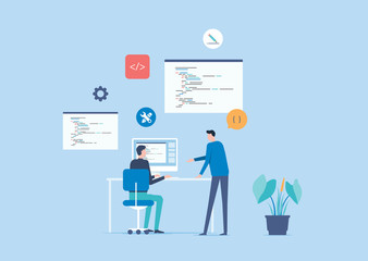 Poster - flat vector application and software developer team working concept