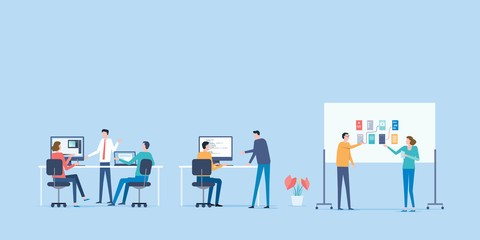Poster - flat vector business team working and project collaboration process meeting concept